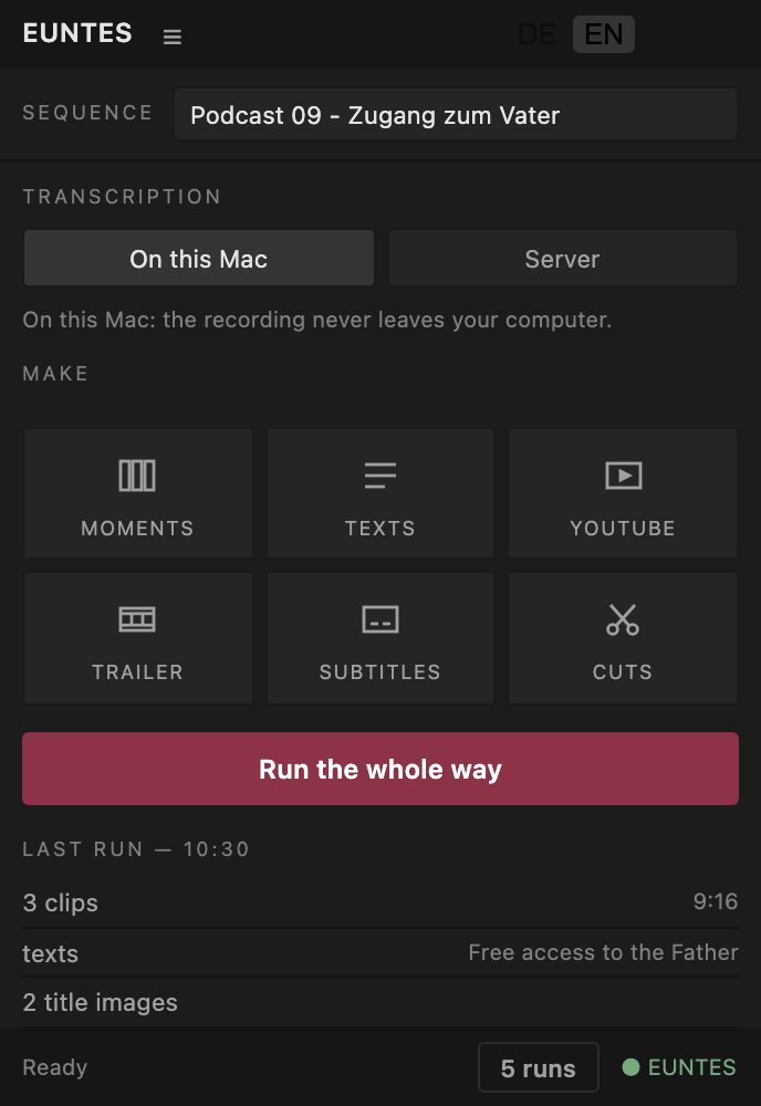 The EUNTES panel docked in Adobe Premiere Pro: the selected sequence and transcription at the top, with moments, texts, YouTube, trailer, subtitles and cuts below