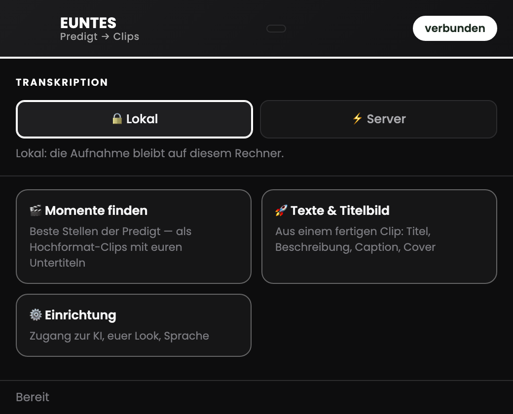 Das EUNTES-Fenster, angedockt in Adobe Premiere Pro: oben die Wahl der Umschrift, darunter Momentsuche, Texte und Einrichtung